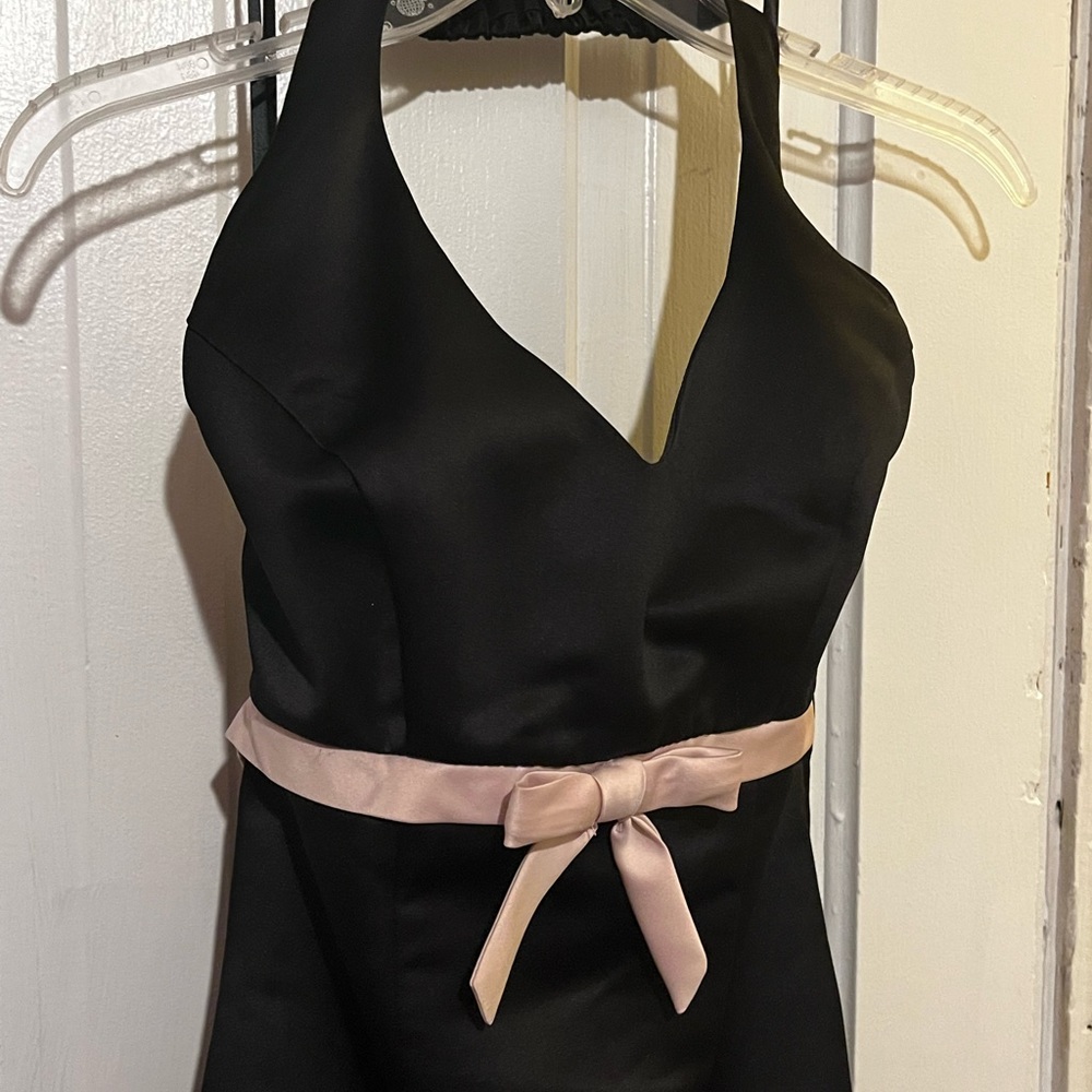 Halter Neck Black and Pink Floor Length Prom Dress with Lace Accent